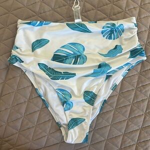 Cupshe Swim Bottoms- White with blue/teal feathers